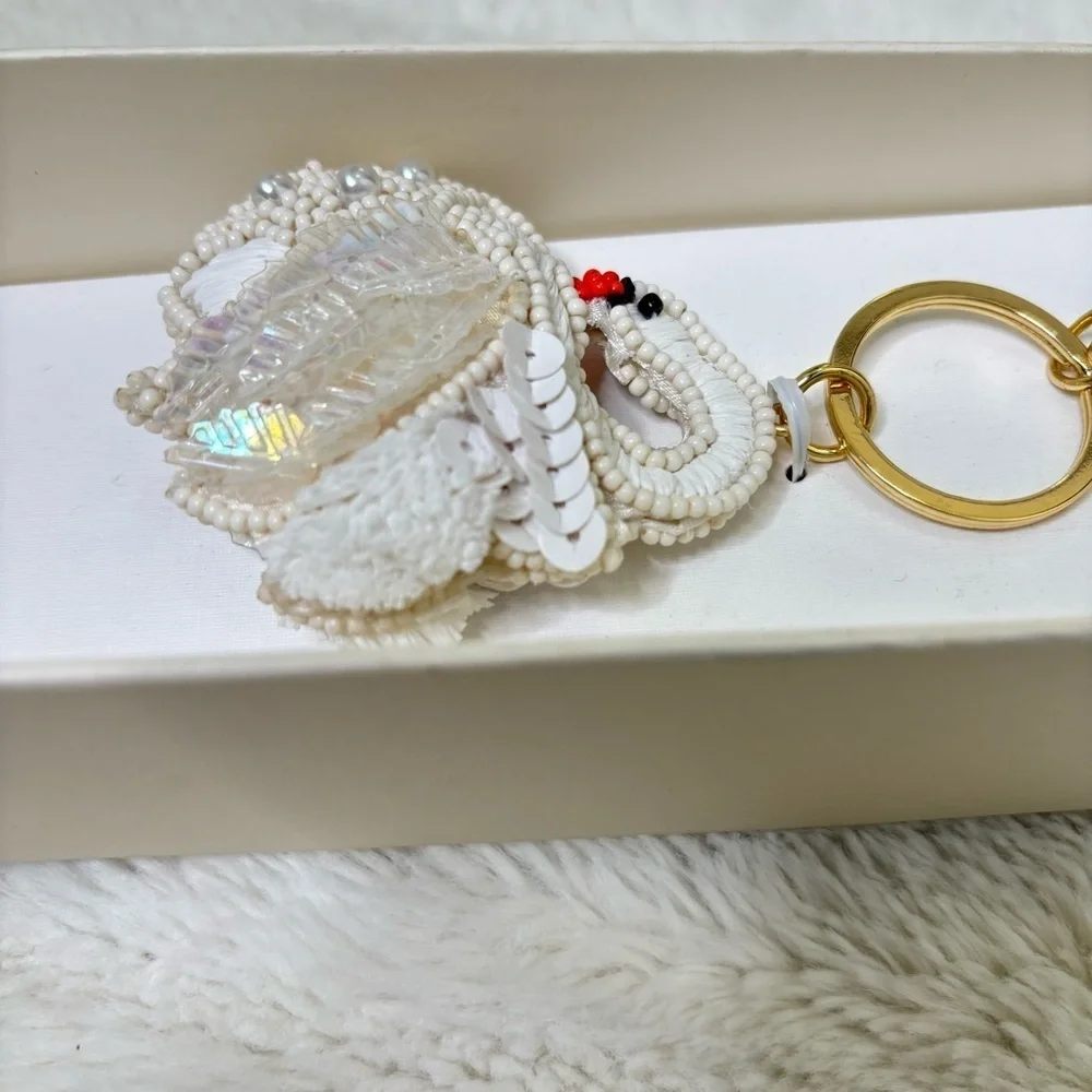 Chic White Swan Pearl Keychain Purse Charm with Gold Accents New